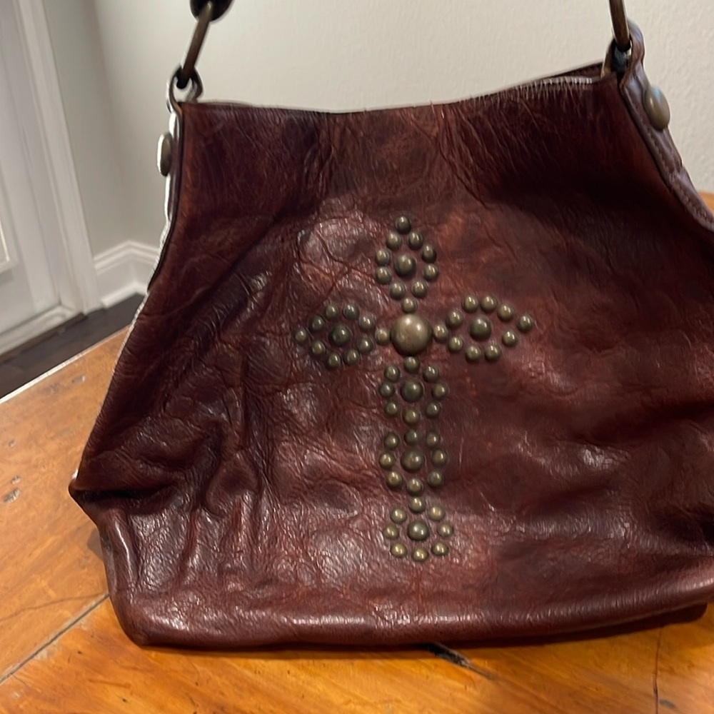 Women’s Brown Leather Shoulder Bag with Studded Cross Detail